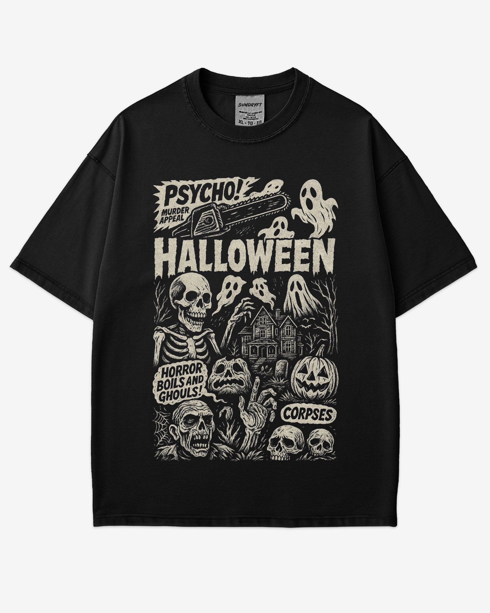 Psycho Halloween Shirt in black – retro horror graphic tee with spooky collage design, soft cotton unisex Halloween shirt