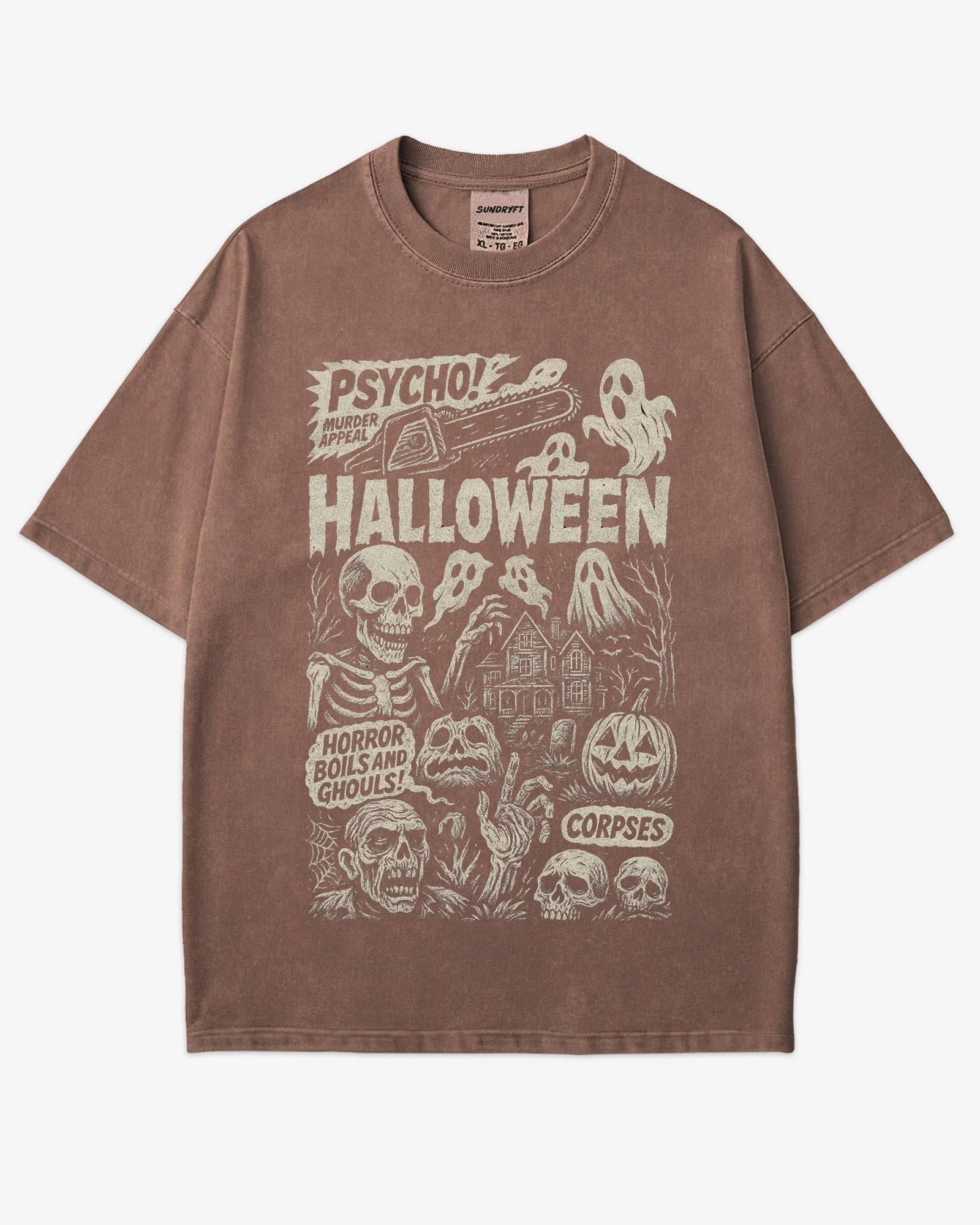 Psycho Halloween Shirt in espresso – retro horror graphic tee with spooky collage design, soft cotton unisex Halloween shirt