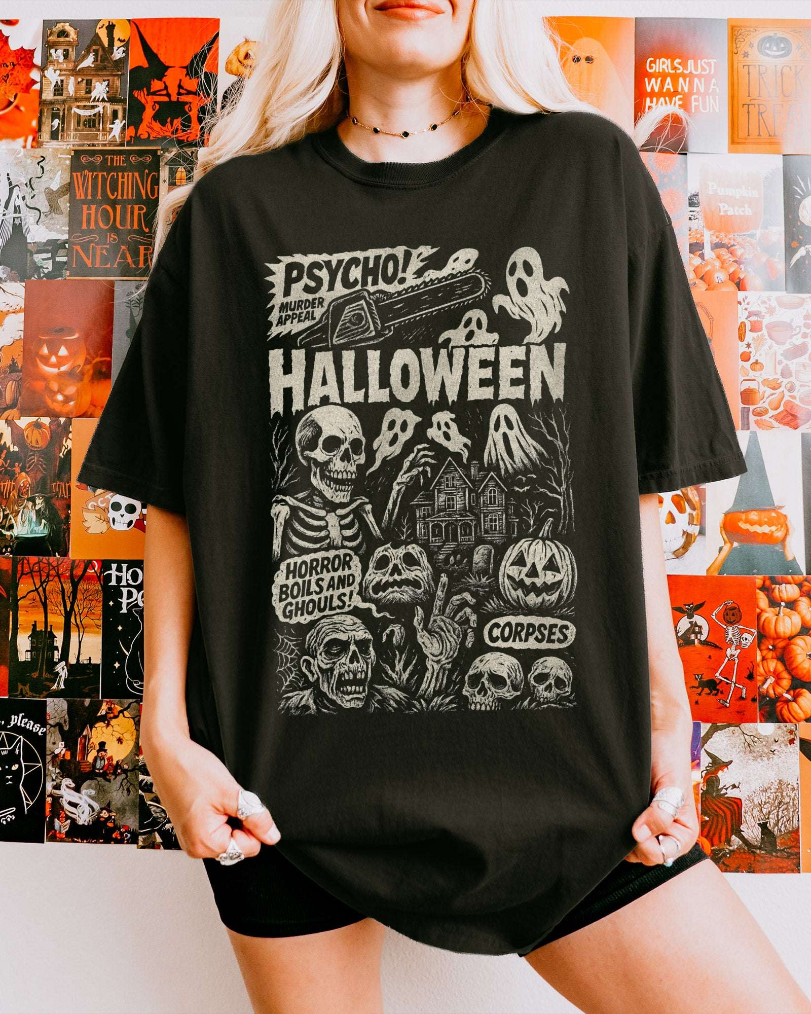 Woman wearing Psycho Halloween shitr in black with horror collage graphic