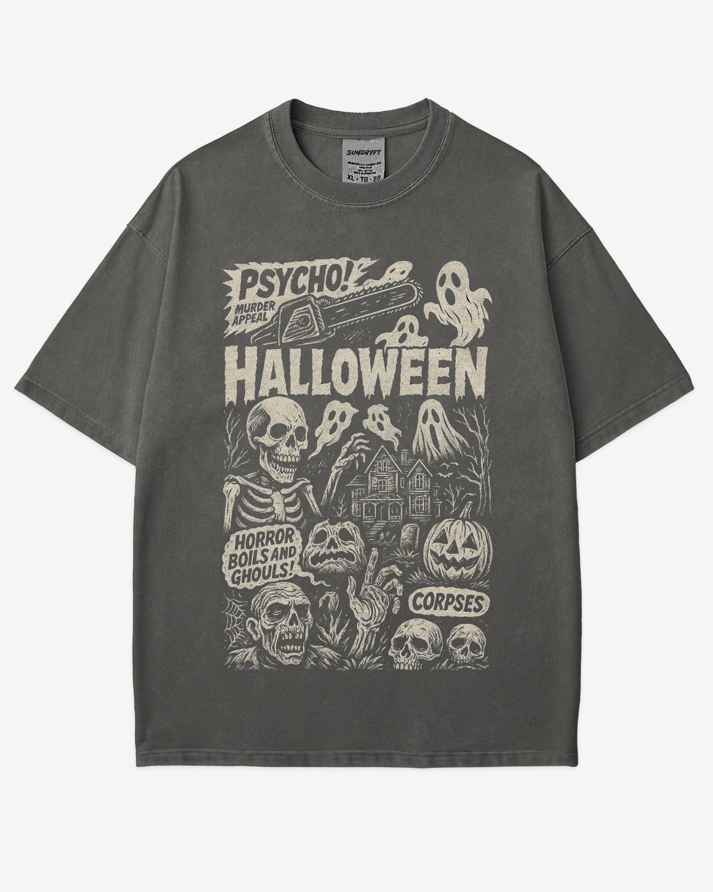 Psycho Halloween Shirt in pepper – retro horror graphic tee with spooky collage design, soft cotton unisex Halloween shirt