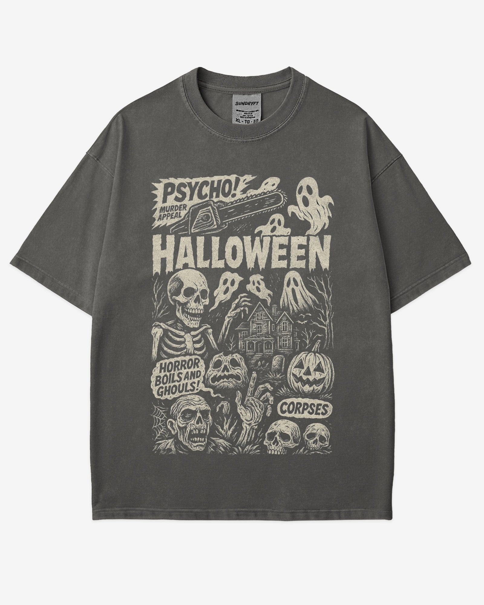 Psycho Halloween Shirt in pepper – retro horror graphic tee with spooky collage design, soft cotton unisex Halloween shirt