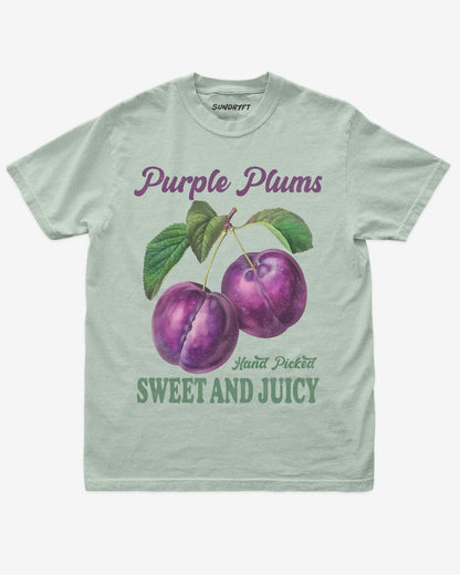 Flat lay of bay Purple Plums Fruit Shirt, vintage retro 90s fruit graphic tee for adults