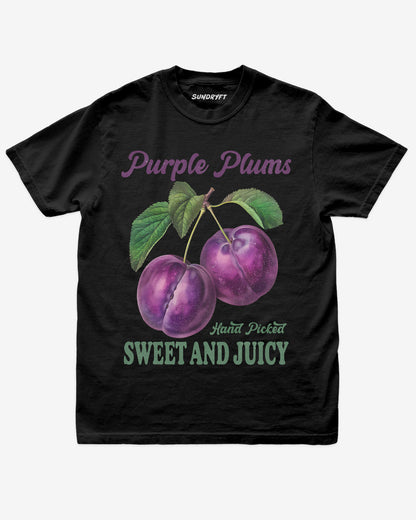 Flat lay of black Purple Plums Fruit Shirt, vintage retro 90s fruit graphic tee for adults