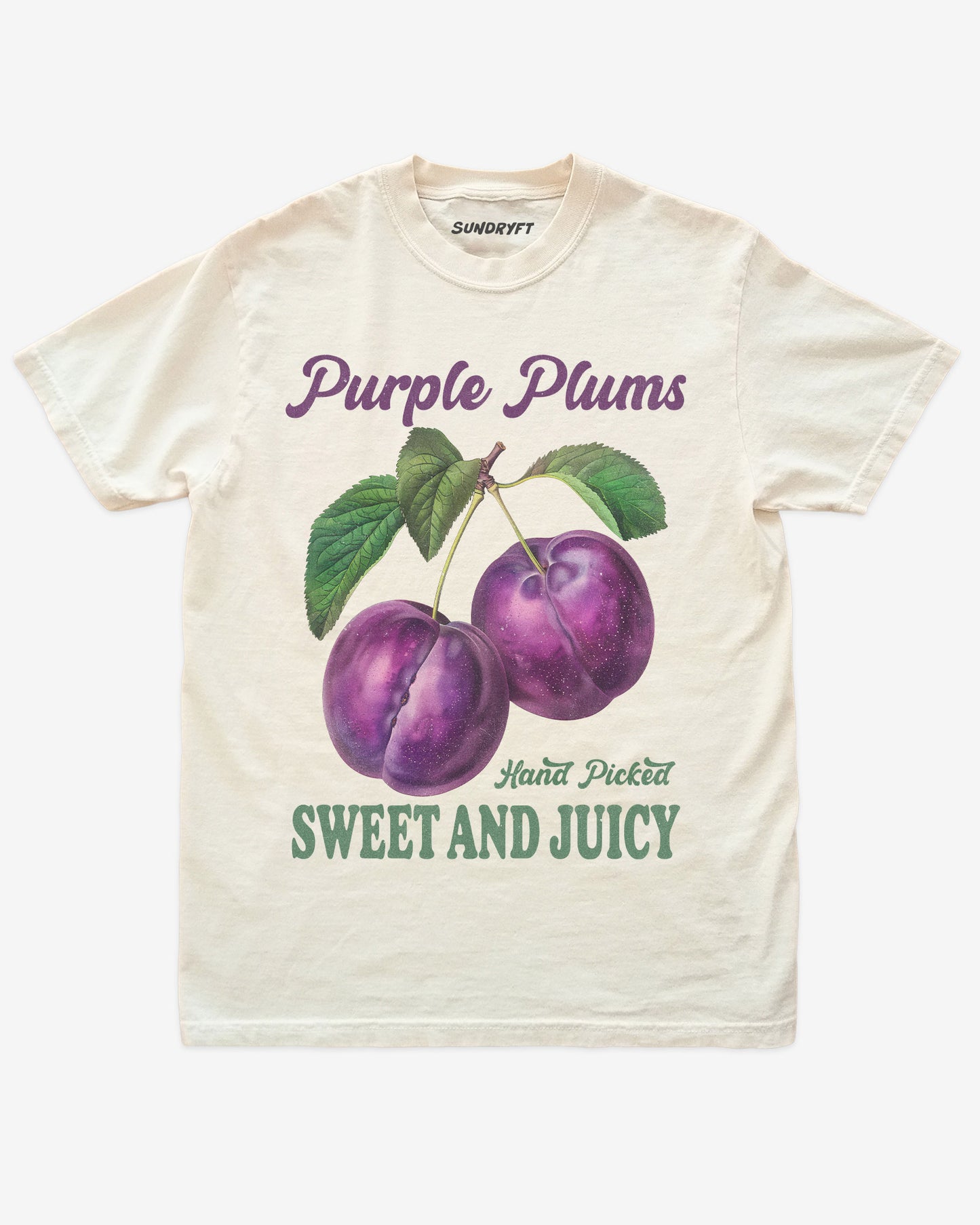 Flat lay of ivory Purple Plums Fruit Shirt, vintage retro 90s fruit graphic tee for adults