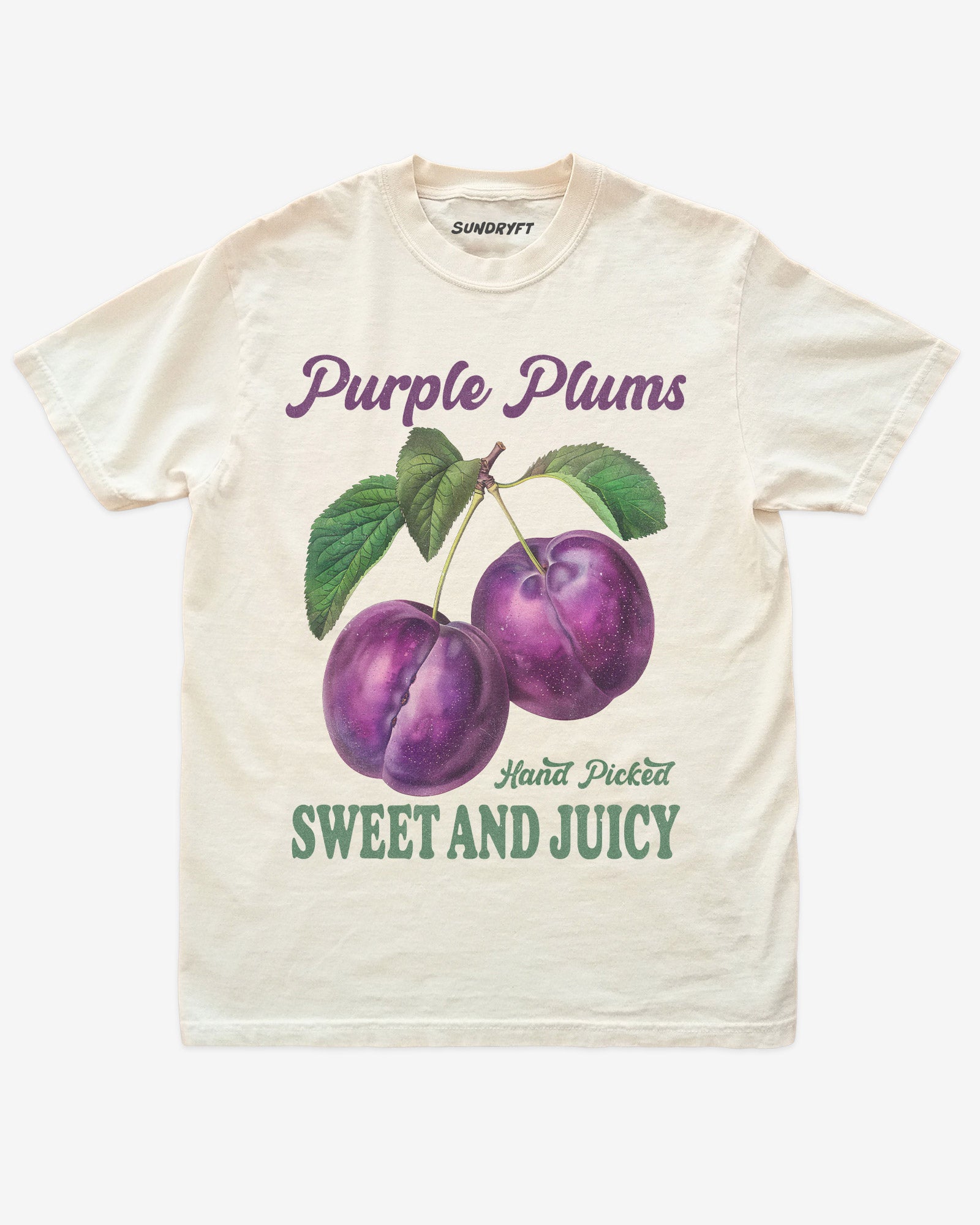 Flat lay of ivory Purple Plums Fruit Shirt, vintage retro 90s fruit graphic tee for adults