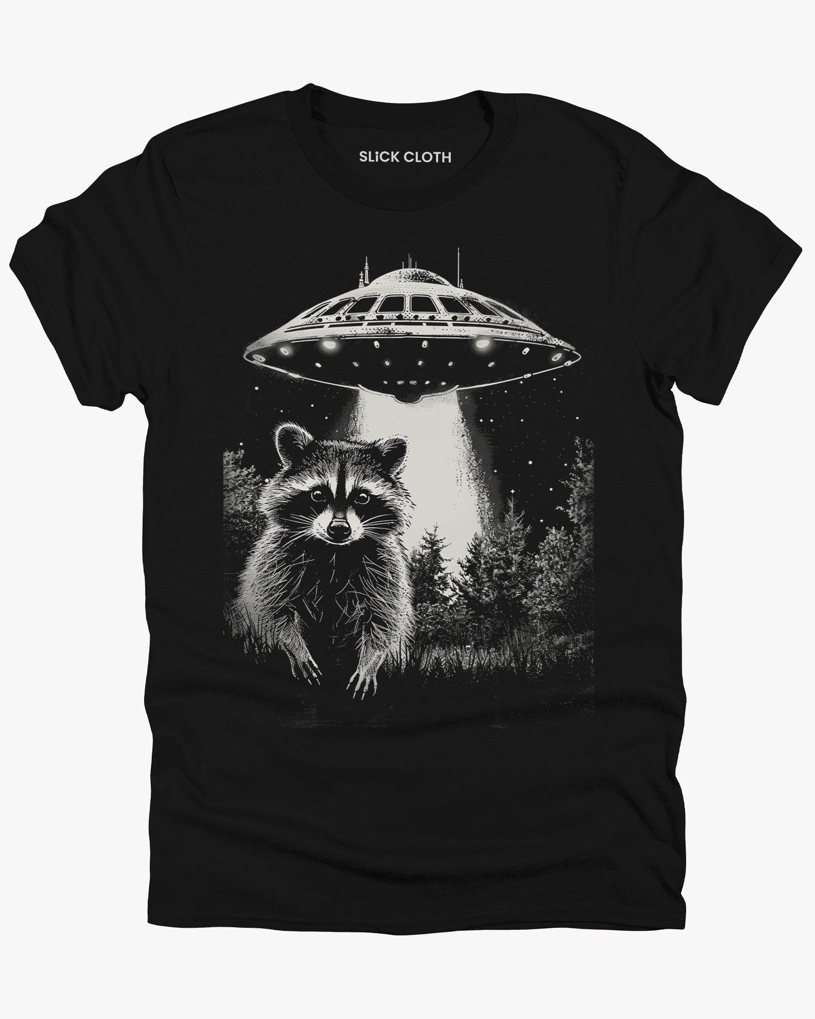 Flat lay black 'Raccoon UFO' t-shirt featuring a funny graphic of a raccoon escaping a UFO abduction.