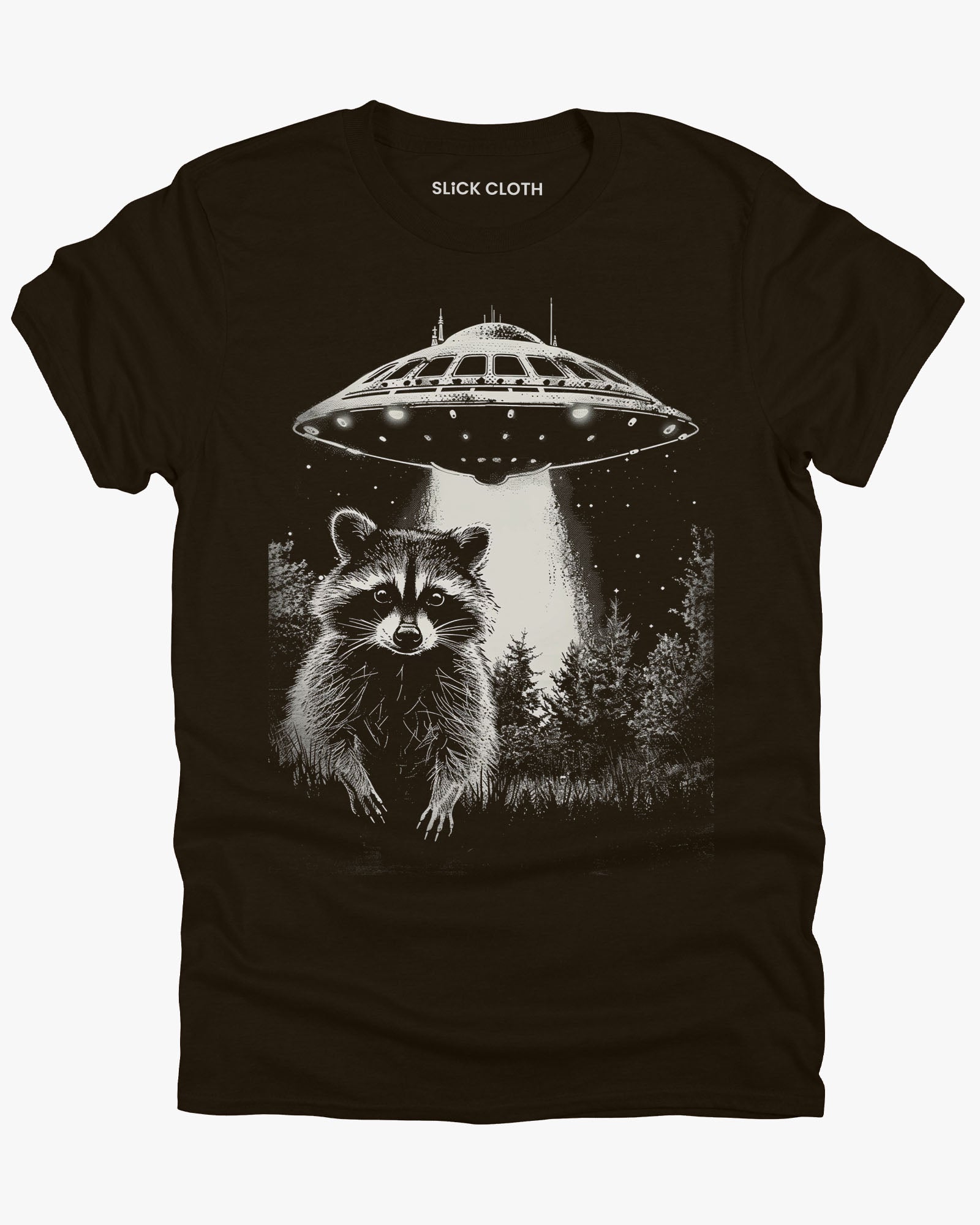 Flat lay dark chocolate 'Raccoon UFO' t-shirt featuring a funny graphic of a raccoon escaping a UFO abduction.