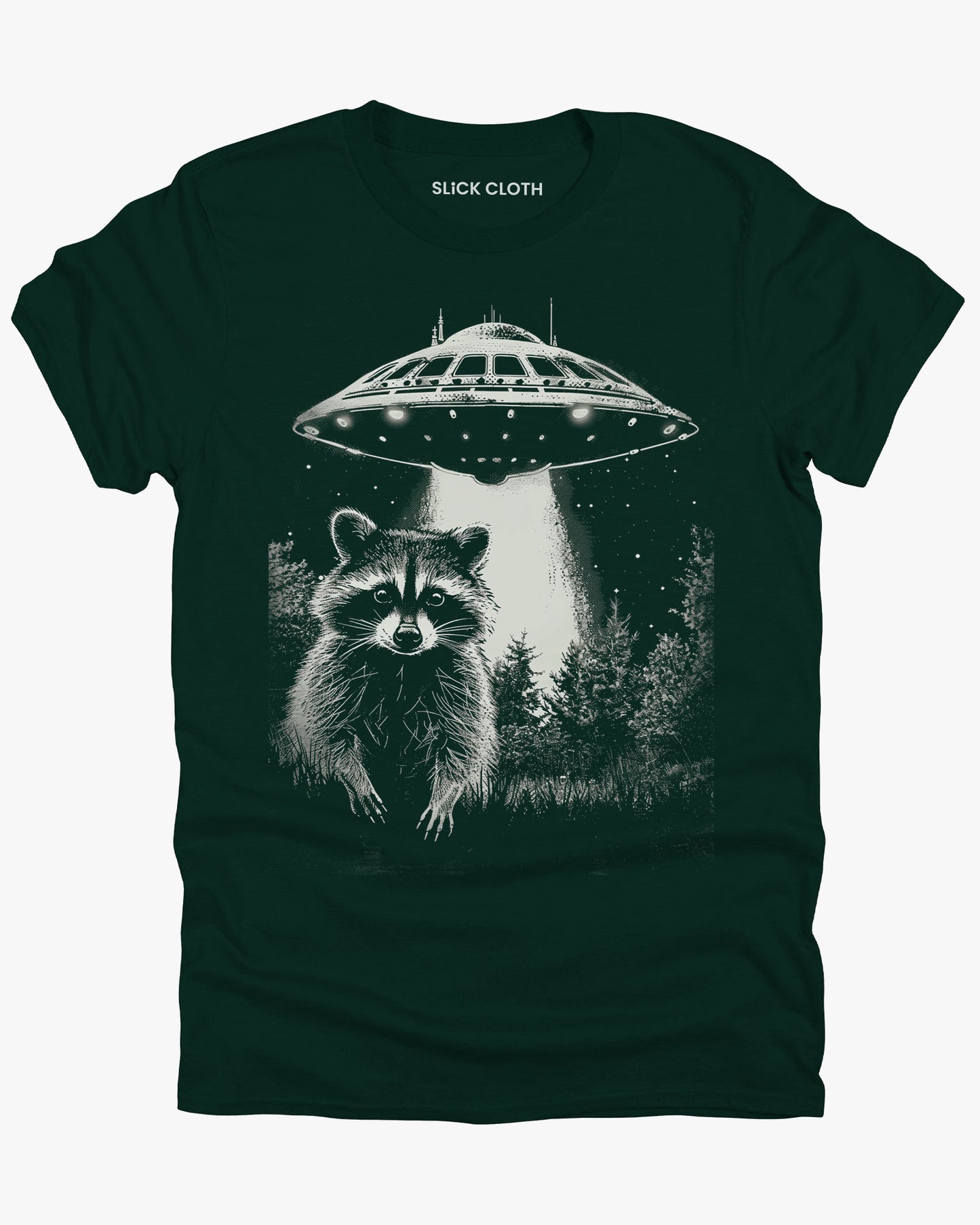 Flat lay forest green 'Raccoon UFO' t-shirt featuring a funny graphic of a raccoon escaping a UFO abduction.