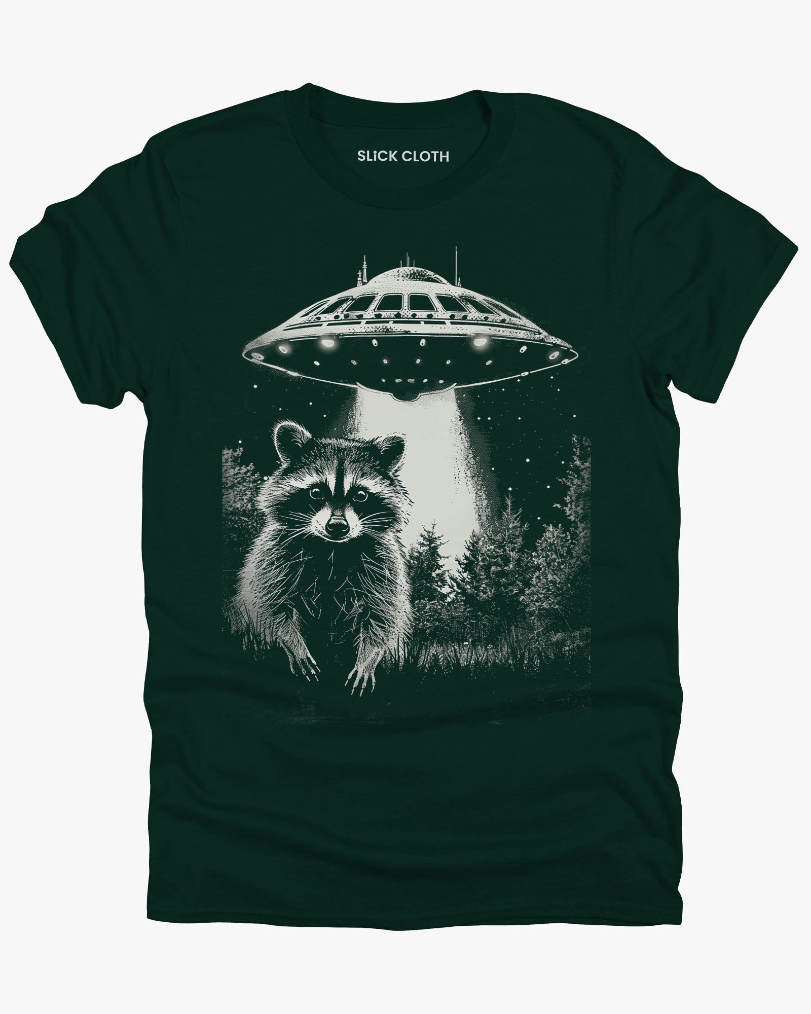 Flat lay forest green 'Raccoon UFO' t-shirt featuring a funny graphic of a raccoon escaping a UFO abduction.