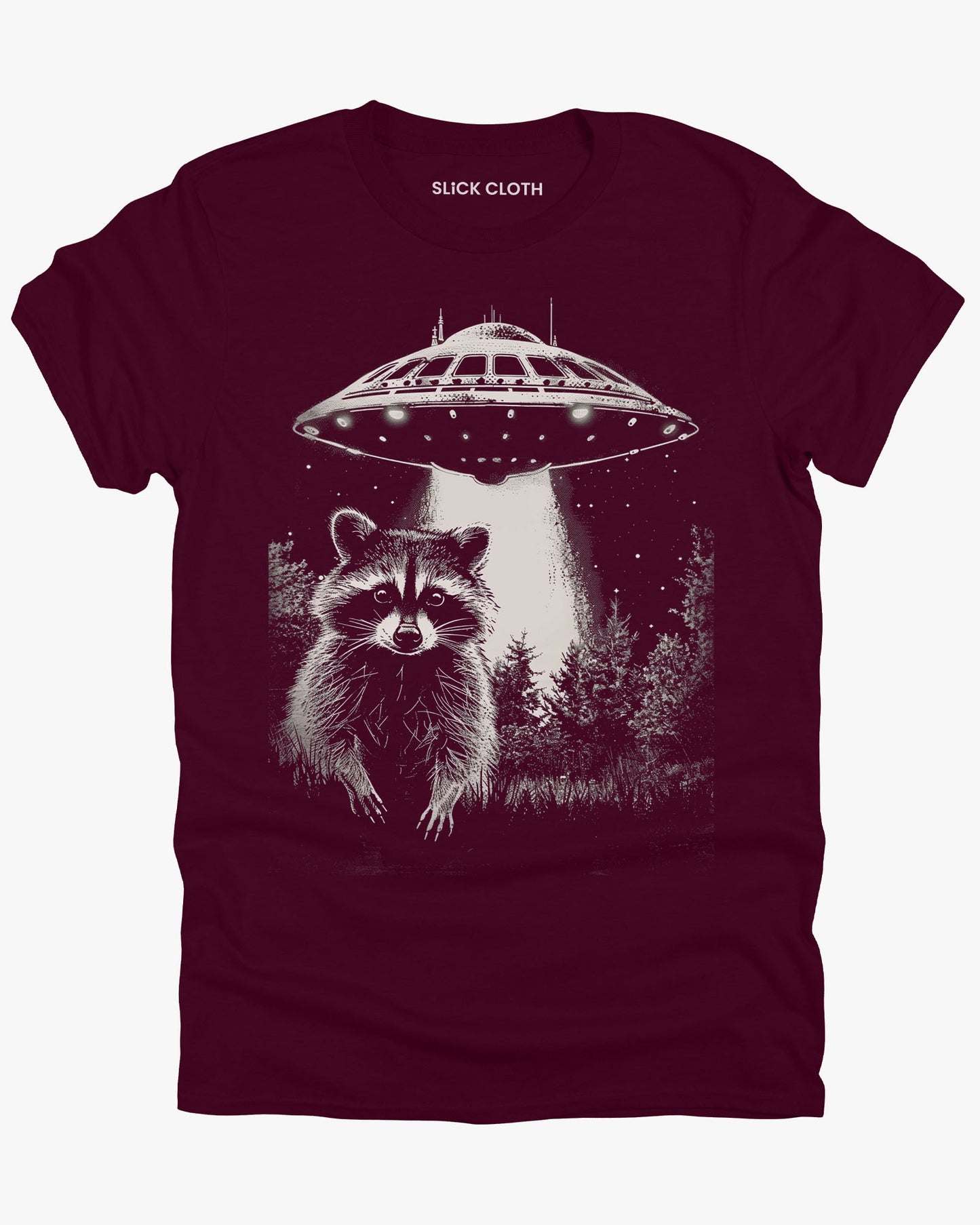 Flat lay maroon 'Raccoon UFO' t-shirt featuring a funny graphic of a raccoon escaping a UFO abduction.
