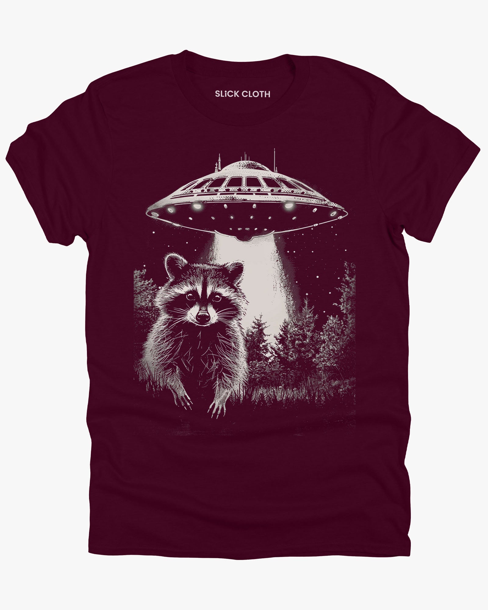 Flat lay maroon 'Raccoon UFO' t-shirt featuring a funny graphic of a raccoon escaping a UFO abduction.