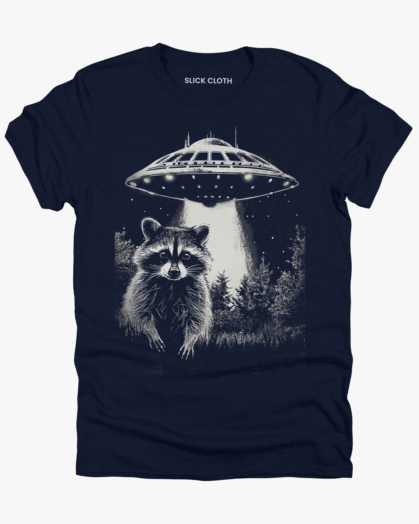 Flat lay navy blue 'Raccoon UFO' t-shirt featuring a funny graphic of a raccoon escaping a UFO abduction.