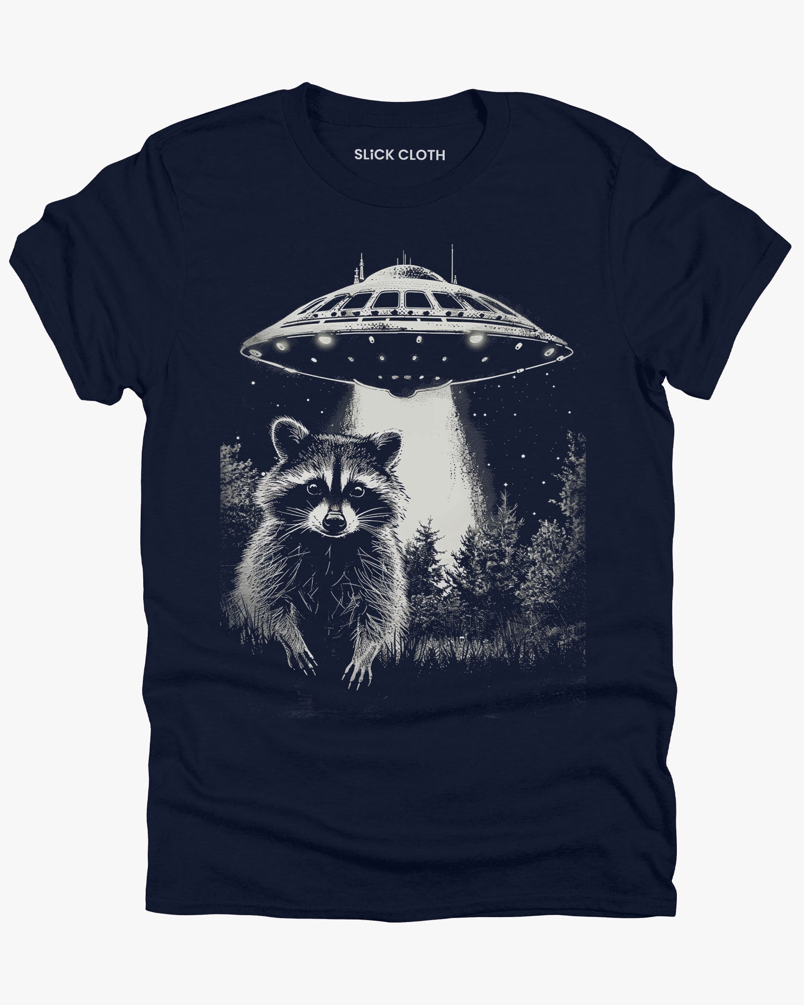 Flat lay navy blue 'Raccoon UFO' t-shirt featuring a funny graphic of a raccoon escaping a UFO abduction.