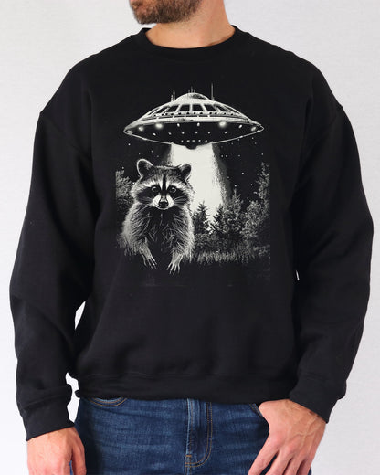 Model wearing black color sweatshirt with 'Raccoon Escaping UFO Abduction' graphic design