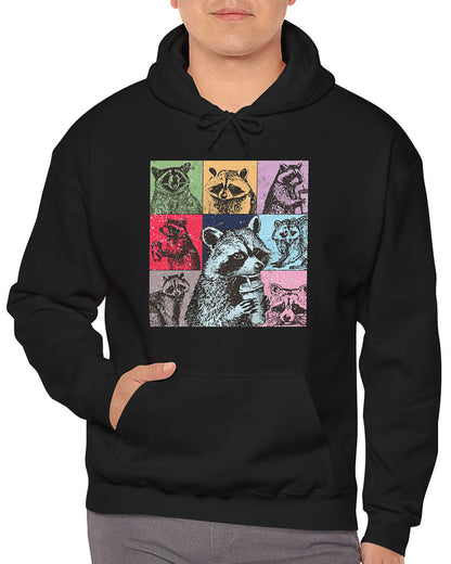 Man wearing a black hoodie with a retro and funny raccoon lifestyle collage graphic.