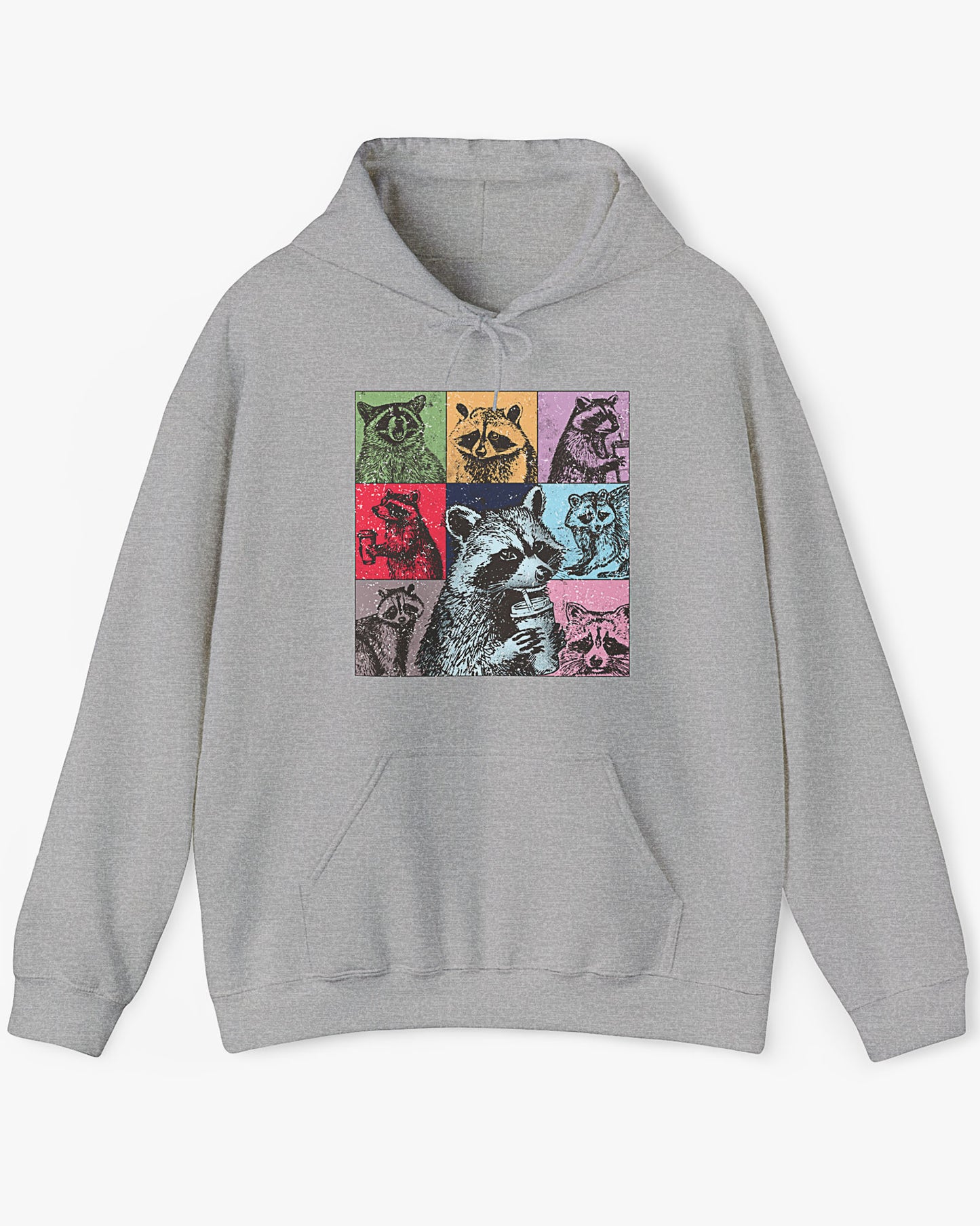 Flat lay sport gray hoodie with a retro and funny raccoon lifestyle collage graphic.