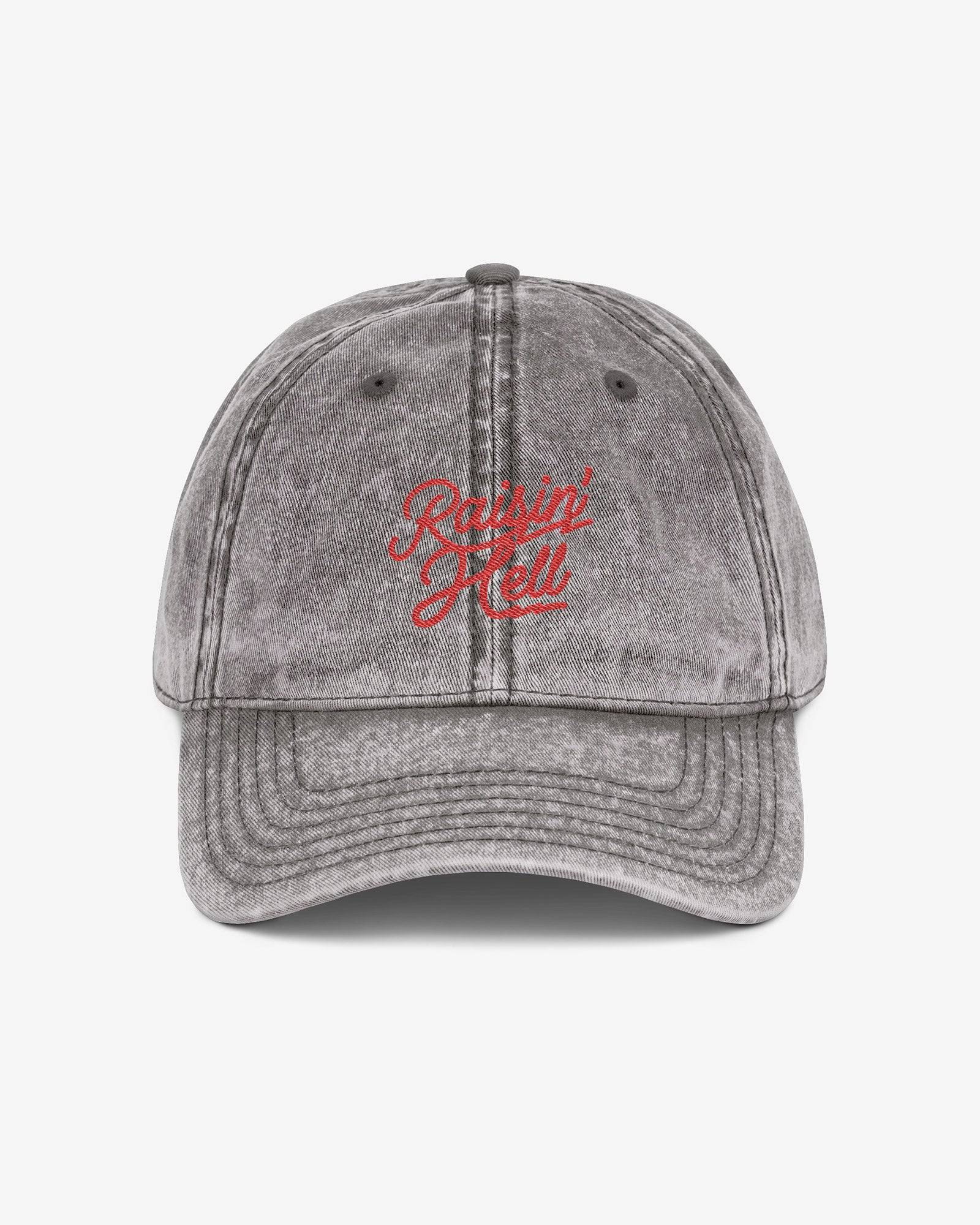 Raisin' Hell embroidered vintage cap in charcoal gray color