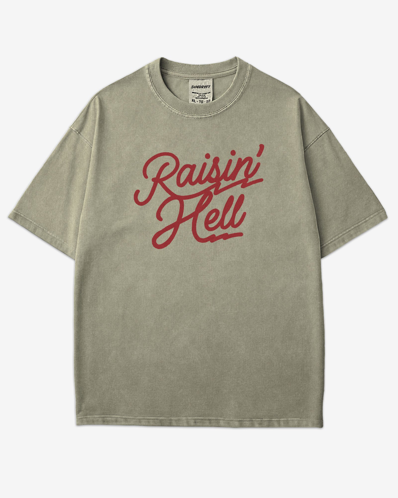 Flat lay khaki Raisin' Hell shirt.