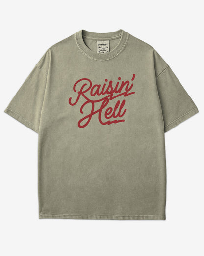 Flat lay khaki Raisin' Hell shirt.