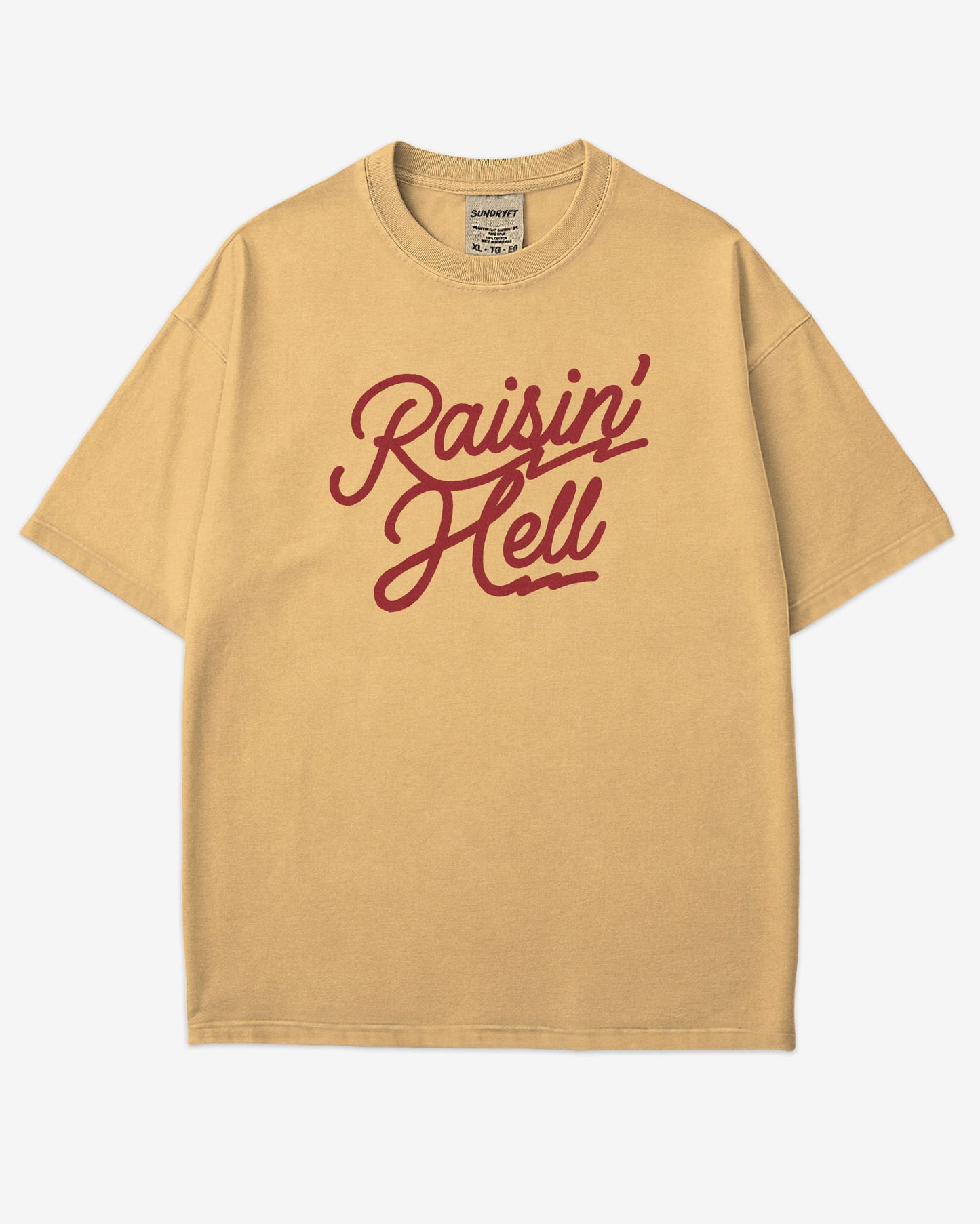 Flat lay mustard Raisin' Hell shirt.