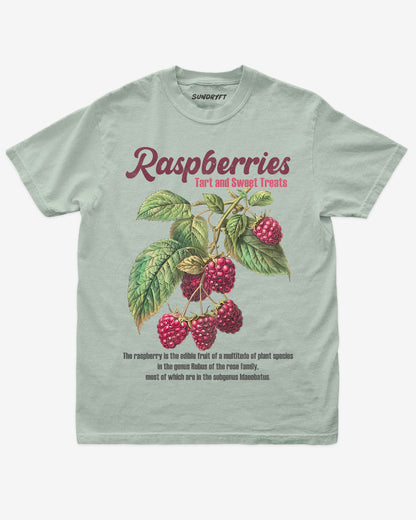 Raspberries Fruit Shirt flat lay in bay – retro 90s vintage fruit graphic tee with relaxed unisex fit, soft cotton, and raspberry label design.”