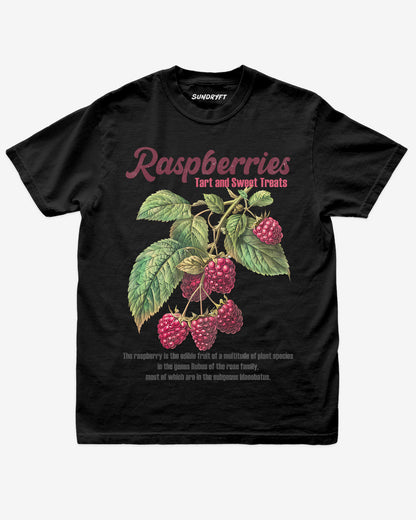 Raspberries Fruit Shirt flat lay in black – retro 90s vintage fruit graphic tee with relaxed unisex fit, soft cotton, and raspberry label design.”