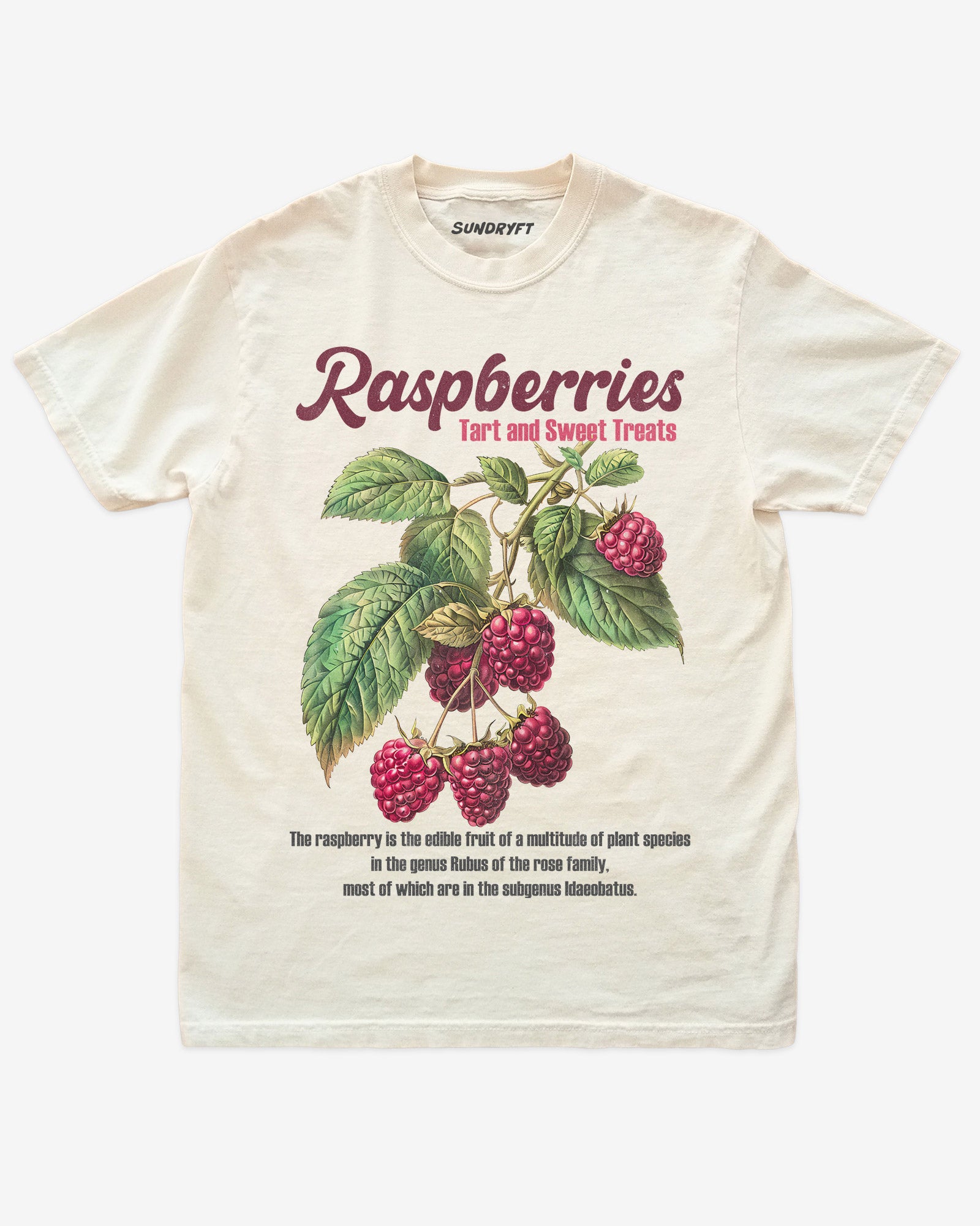Raspberries Fruit Shirt flat lay in ivory – retro 90s vintage fruit graphic tee with relaxed unisex fit, soft cotton, and raspberry label design.