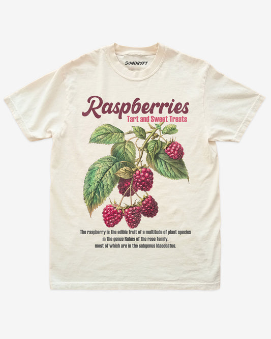 Raspberries Fruit Shirt flat lay in ivory – retro 90s vintage fruit graphic tee with relaxed unisex fit, soft cotton, and raspberry label design.