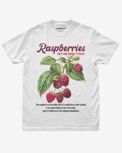 Raspberries Fruit Shirt flat lay in white – retro 90s vintage fruit graphic tee with relaxed unisex fit, soft cotton, and raspberry label design.”