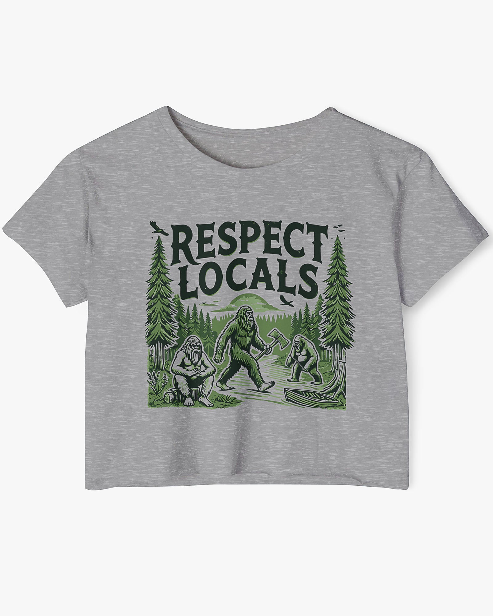 Flat-lay heather gray 'Respect Locals' crop top featuring a funny retro Bigfoot walking through the forest graphic.