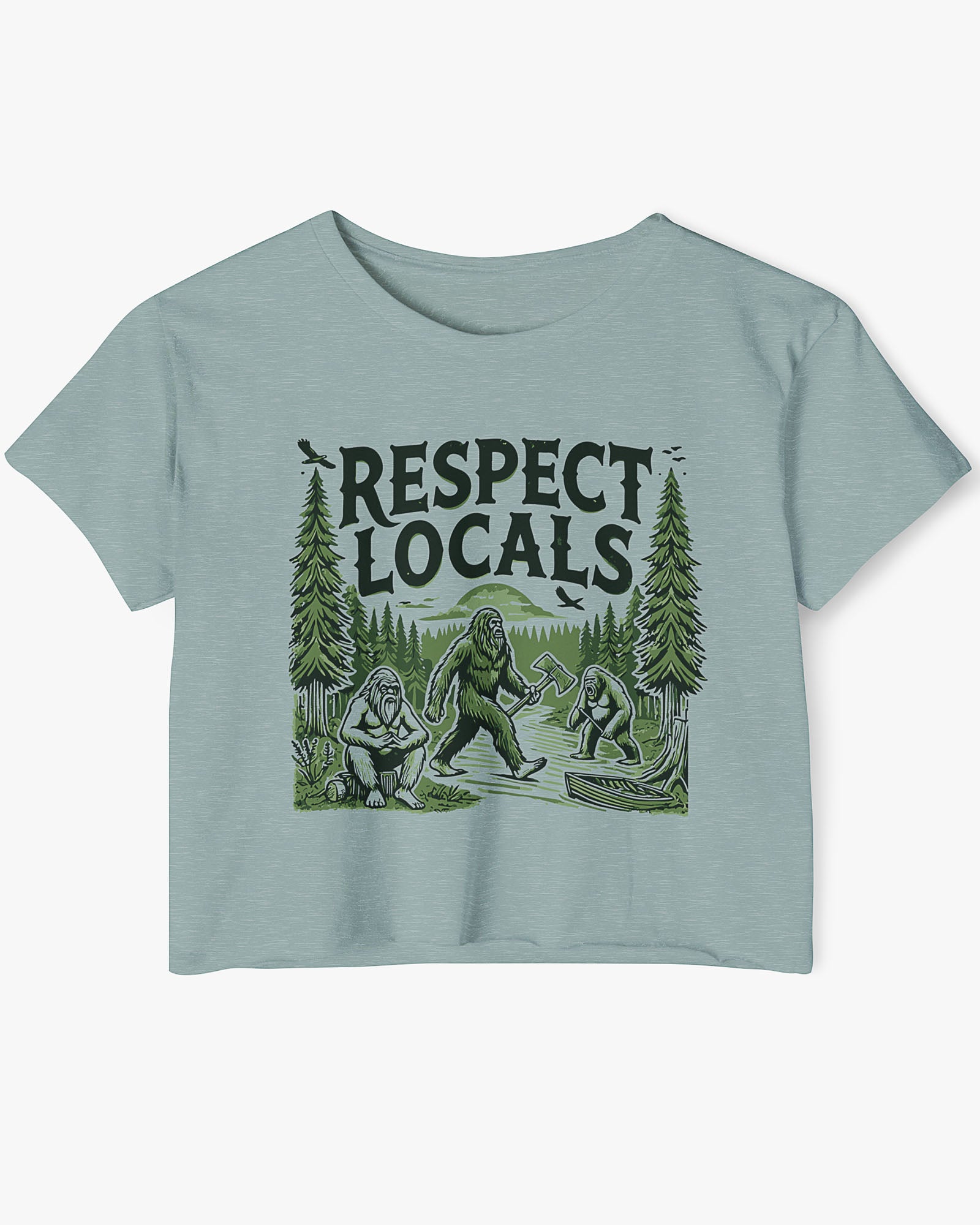 Flat-lay stonewash green 'Respect Locals' crop top featuring a funny retro Bigfoot walking through the forest graphic.