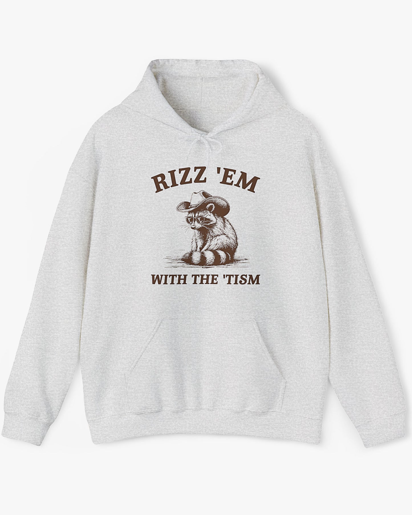 Flat lay ash gray Rizz ‘Em With The Tism Hoodie, featuring a retro cowboy raccoon graphic with a funny slogan.