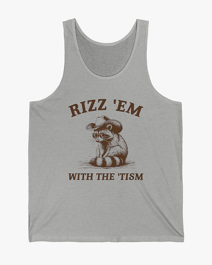 Flat lay athletic heather 'Rizz 'Em With The Tism' tank top with a funny retro cowboy raccoon graphic