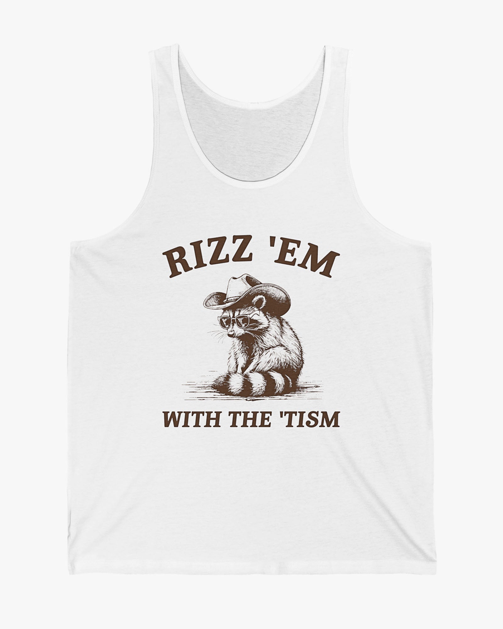 Flat lay white 'Rizz 'Em With The Tism' tank top with a funny retro cowboy raccoon graphic