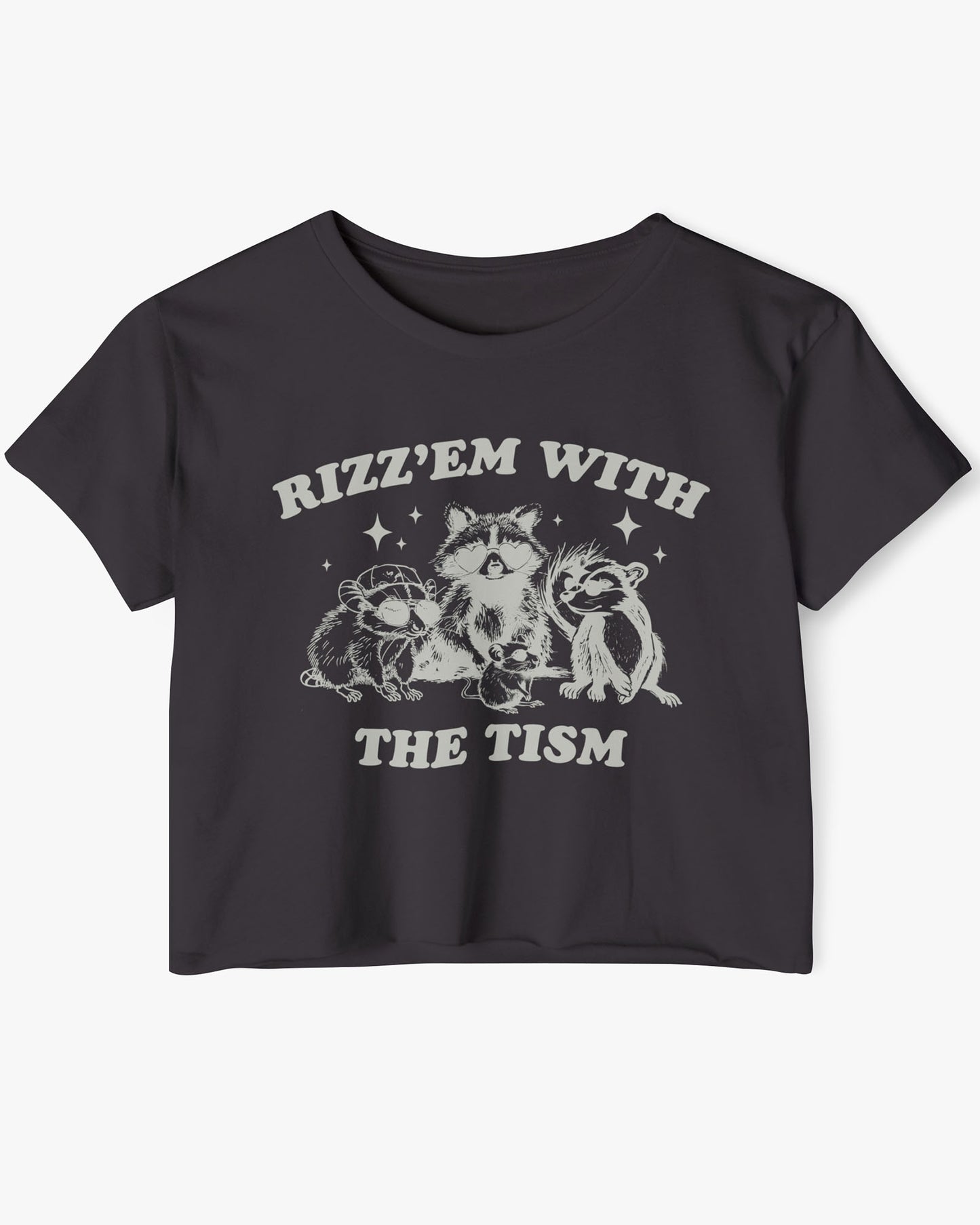 Flat lay black 'Rizz 'Em With The Tism' crop top featuring a funny retro raccoon gang graphic. Trendy women's graphic crop tee, retro aesthetic streetwear.