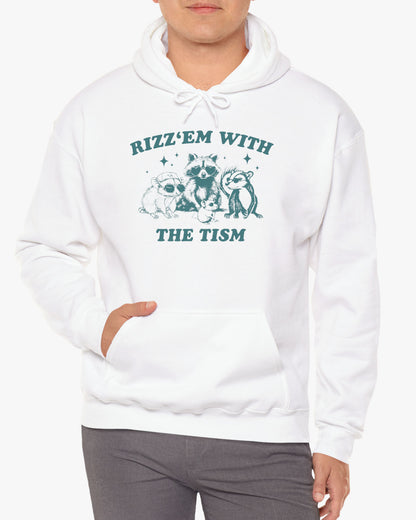 Man wearing a 'Rizz Em With The Tism' hoodie in white, featuring a retro western graphic design and unisex fit.