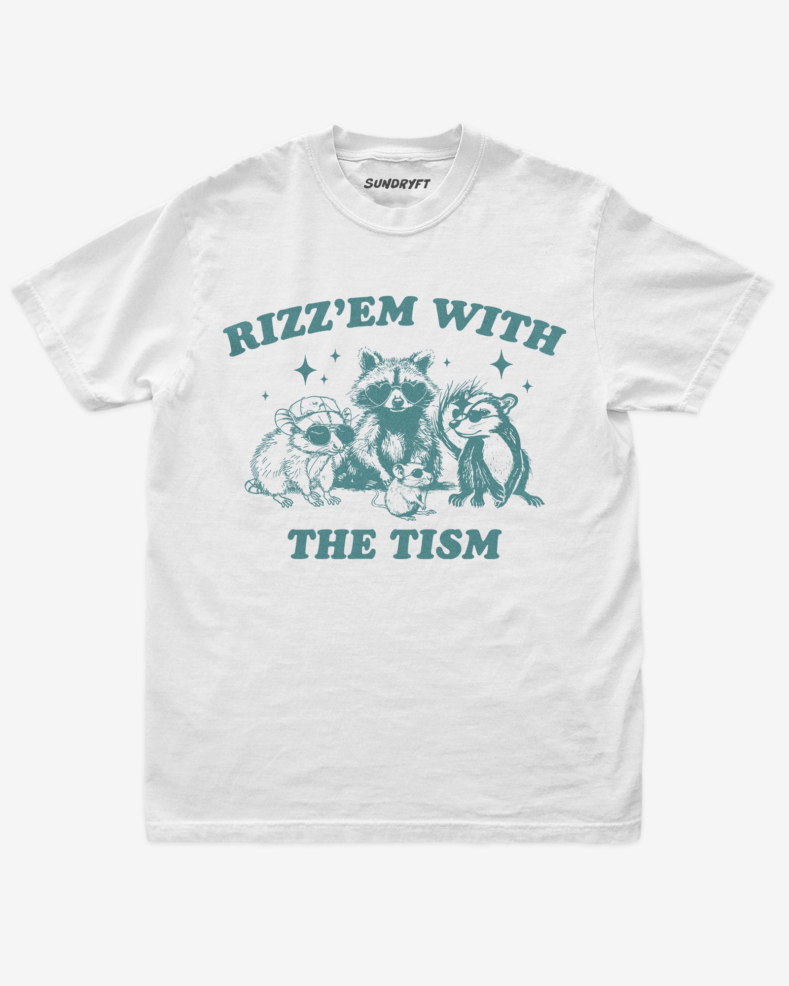 White “Rizz Em With The Tism” funny retro raccoon autism awareness shirt flat lay.