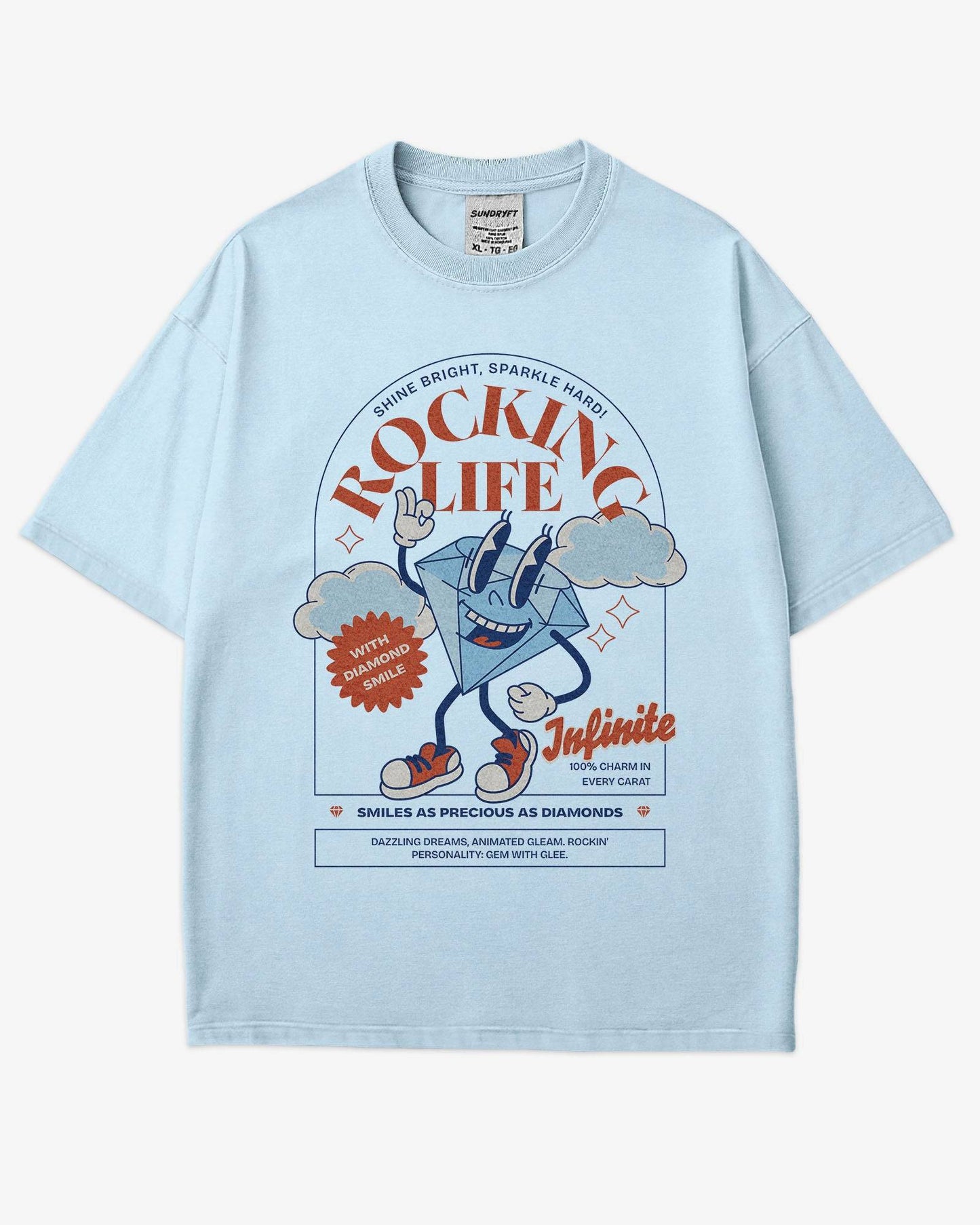 Rocking Life Shirt flat lay retro graphic tee with smiling cartoon diamond and sparkle design on cotton fabric in chambray color