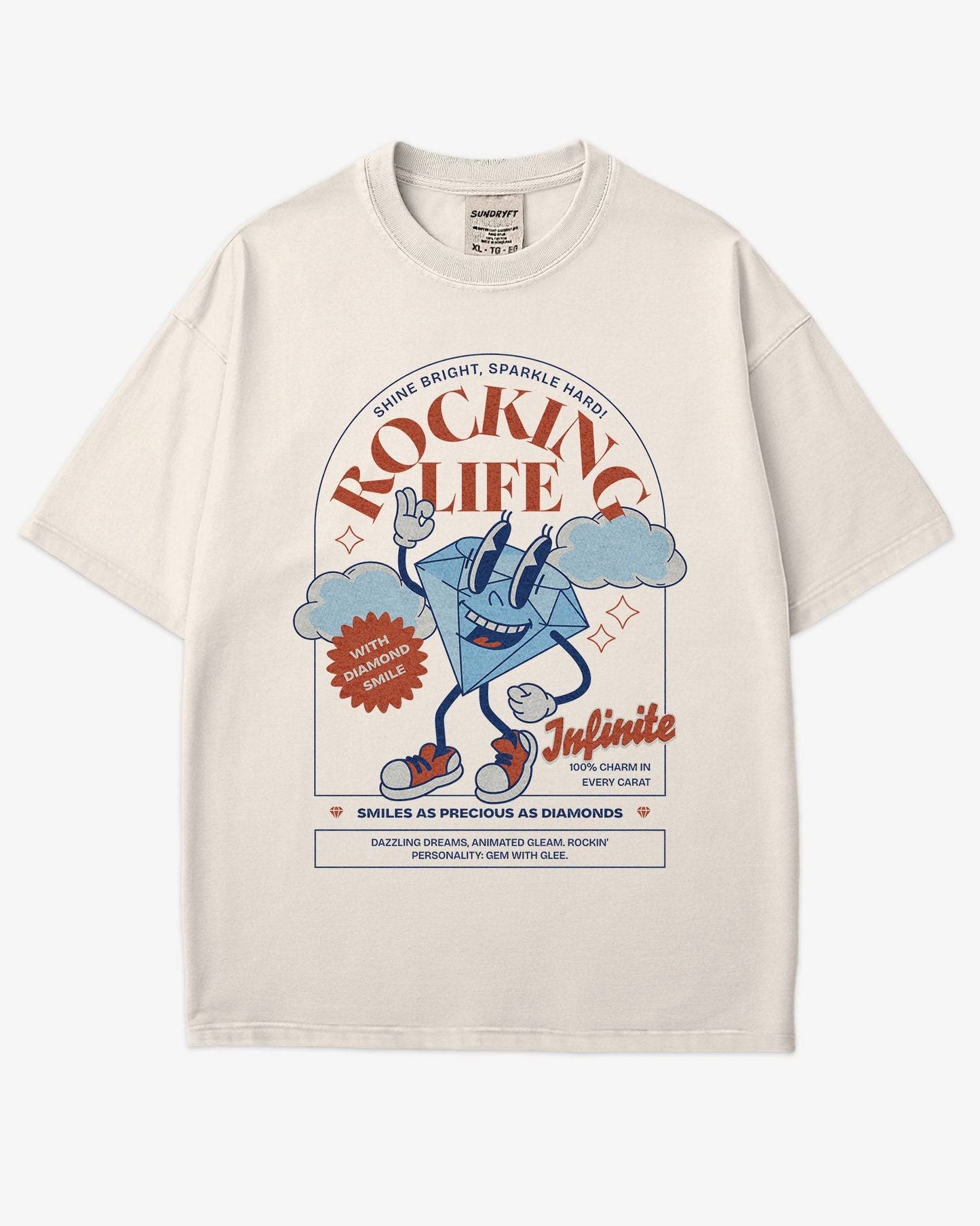 Rocking Life Shirt flat lay retro graphic tee with smiling cartoon diamond and sparkle design on cotton fabric in ivory color