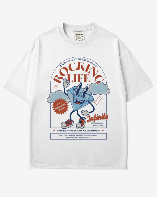 Rocking Life Shirt flat lay retro graphic tee with smiling cartoon diamond and sparkle design on cotton fabric in white color