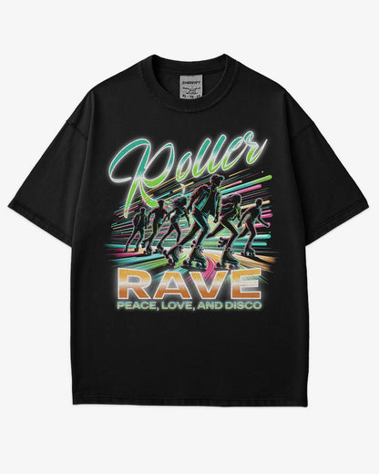 Flat lay black 'Roller Rave – Peace, Love, and Disco' shirt with a retro 80’s graphic of a roller skater group vibing at a roller skating rink.