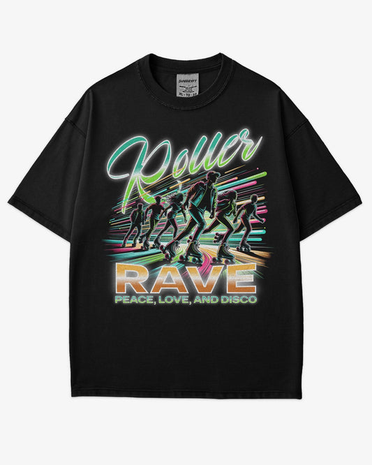 Flat lay black 'Roller Rave – Peace, Love, and Disco' shirt with a retro 80’s graphic of a roller skater group vibing at a roller skating rink.