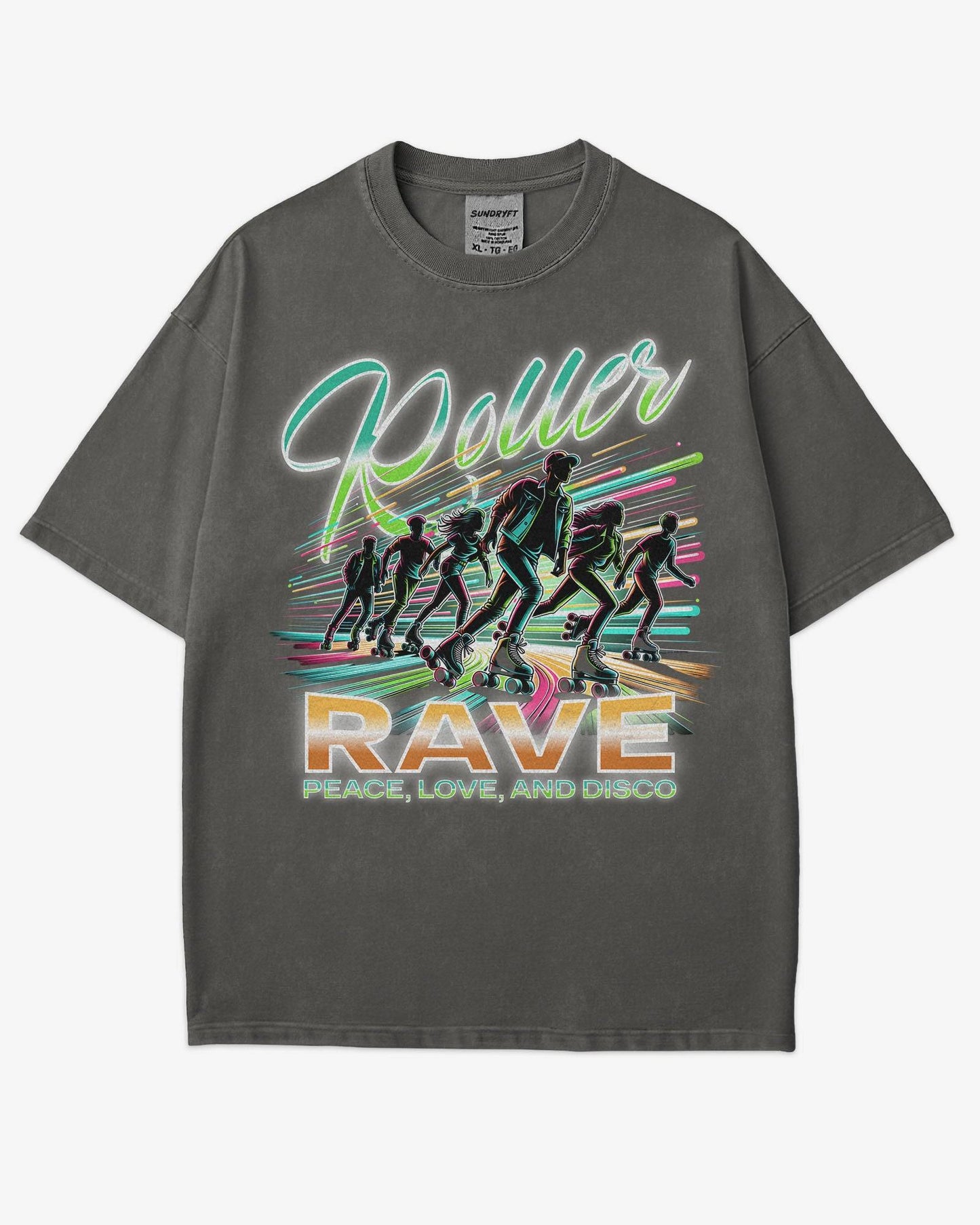 Flat lay pepper 'Roller Rave – Peace, Love, and Disco' shirt with a retro 80’s graphic of a roller skater group vibing at a roller skating rink.
