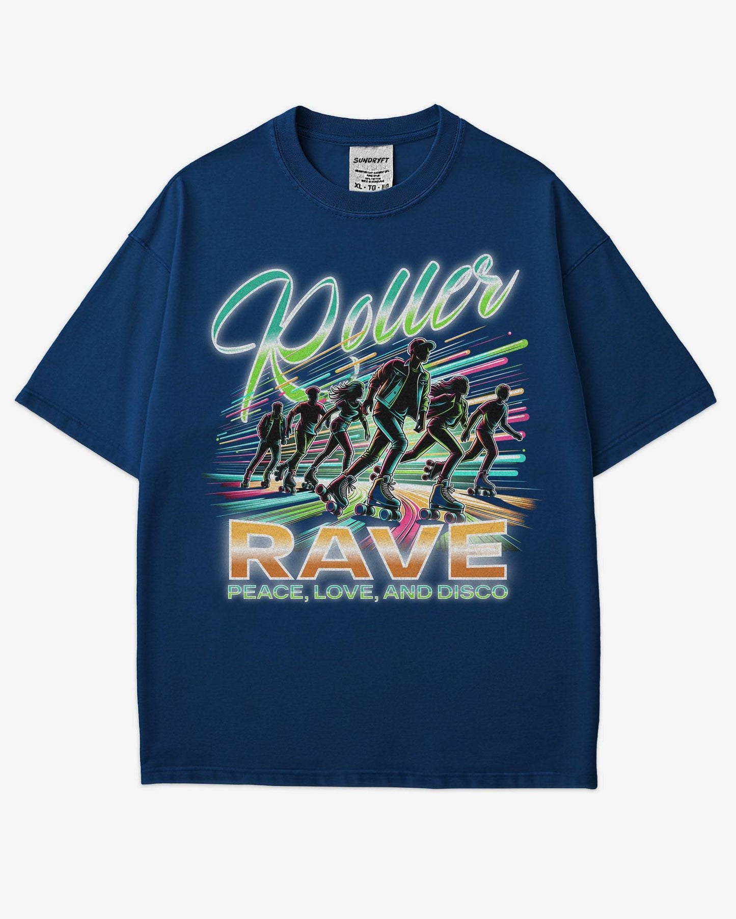 Flat lay btrue navy lack 'Roller Rave – Peace, Love, and Disco' shirt with a retro 80’s graphic of a roller skater group vibing at a roller skating rink.