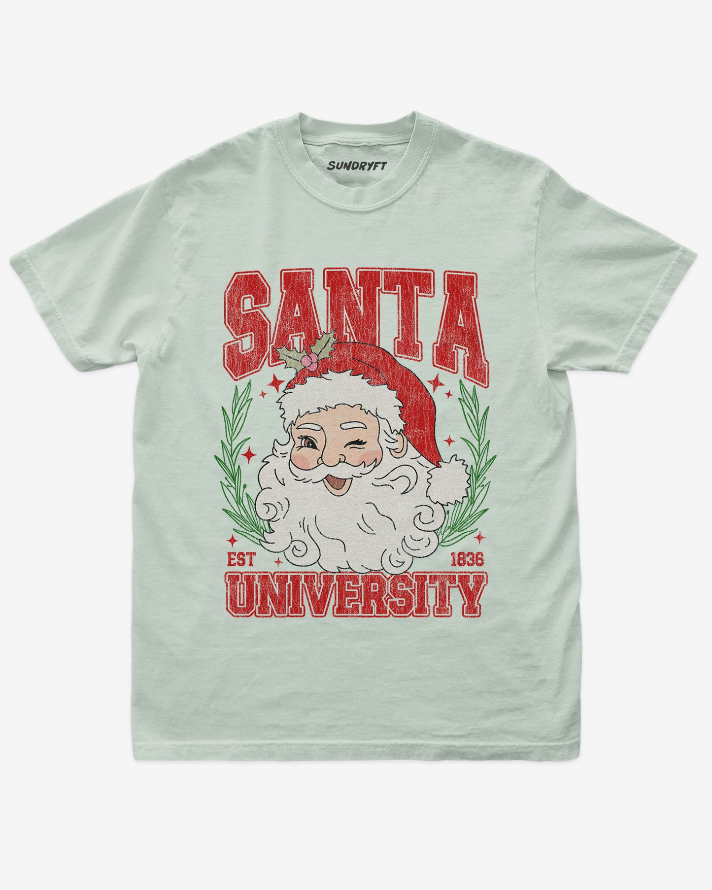 Santa University shirt in bay with retro distressed Santa Clause graphic