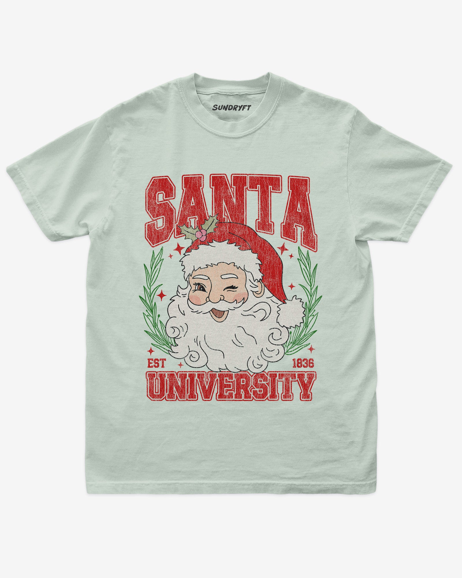 Santa University shirt in bay with retro distressed Santa Clause graphic