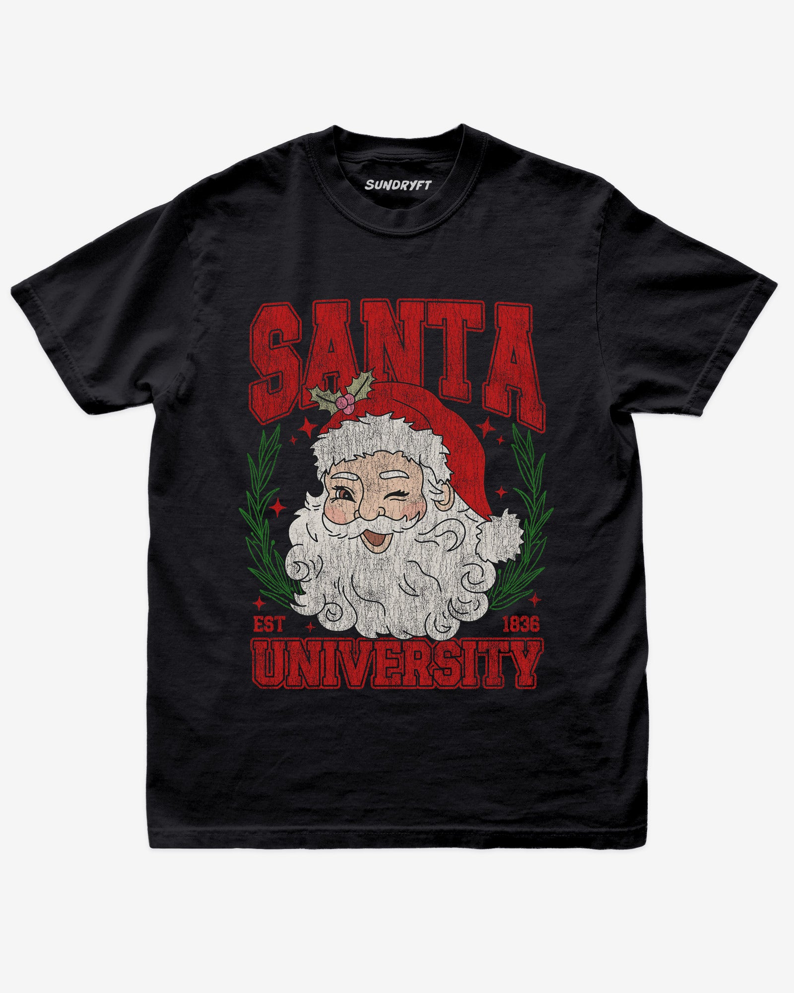 Santa University shirt in black with retro distressed Santa Clause graphic
