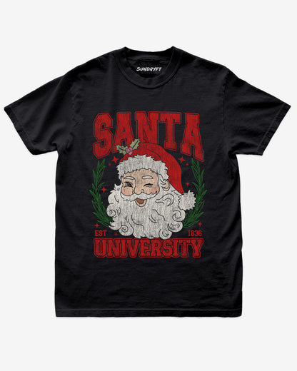Santa University shirt in black with retro distressed Santa Clause graphic