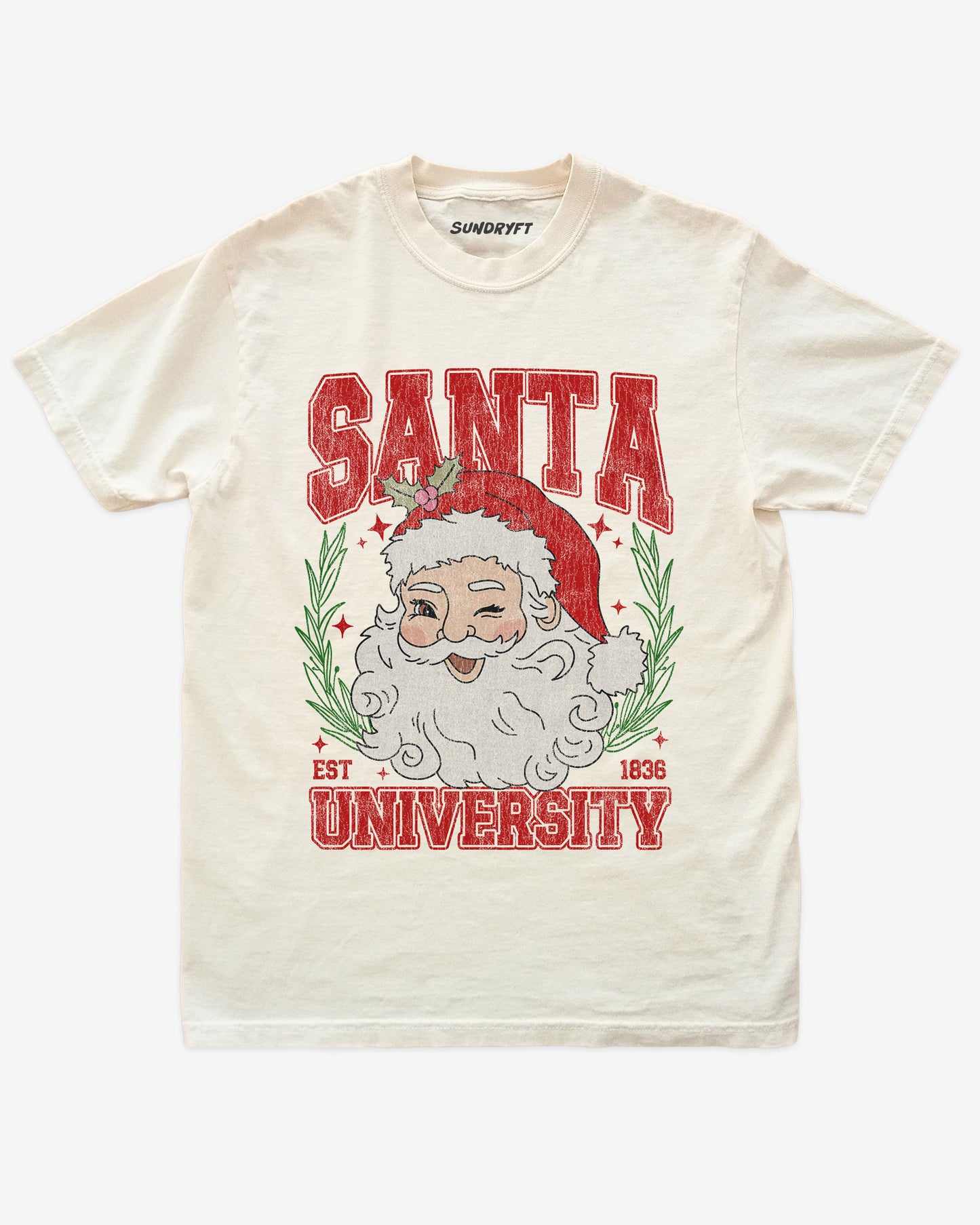 Santa University shirt in ivory with retro distressed Santa Clause graphic