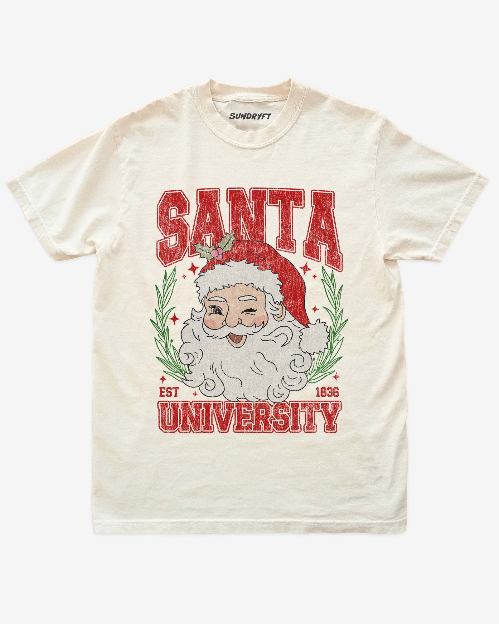 Santa University shirt in ivory with retro distressed Santa Clause graphic